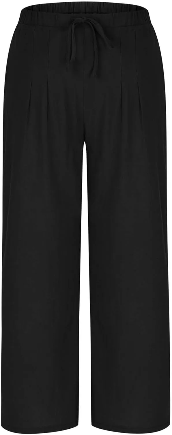 Palazzo Pants for Women High Waisted Straight Wide Leg Linen Trousers Drawstring Elastic Summer Outfits