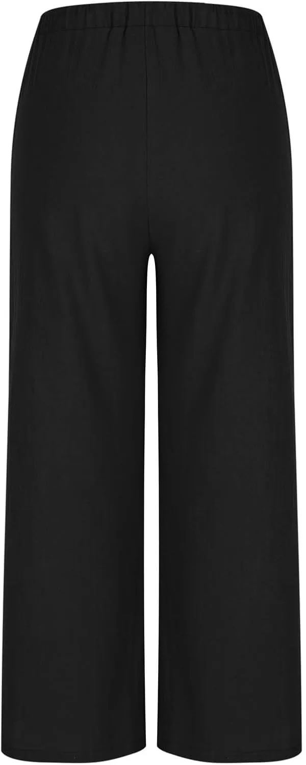 Palazzo Pants for Women High Waisted Straight Wide Leg Linen Trousers Drawstring Elastic Summer Outfits