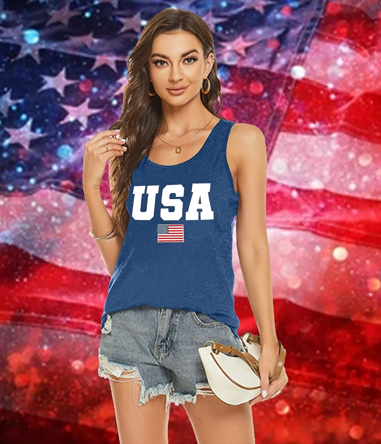 PECHAR Patriotic Shirts 4th of July Sleeveless Tank Tops Women American Flag T Shirt USA Graphic Tees Racerback Vest