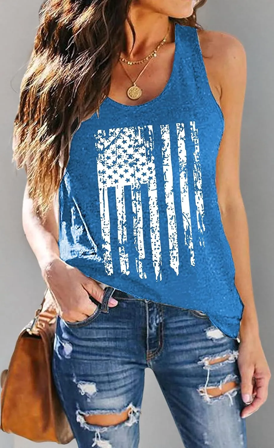 PECHAR Patriotic Shirts 4th of July Sleeveless Tank Tops Women American Flag T Shirt USA Graphic Tees Racerback Vest