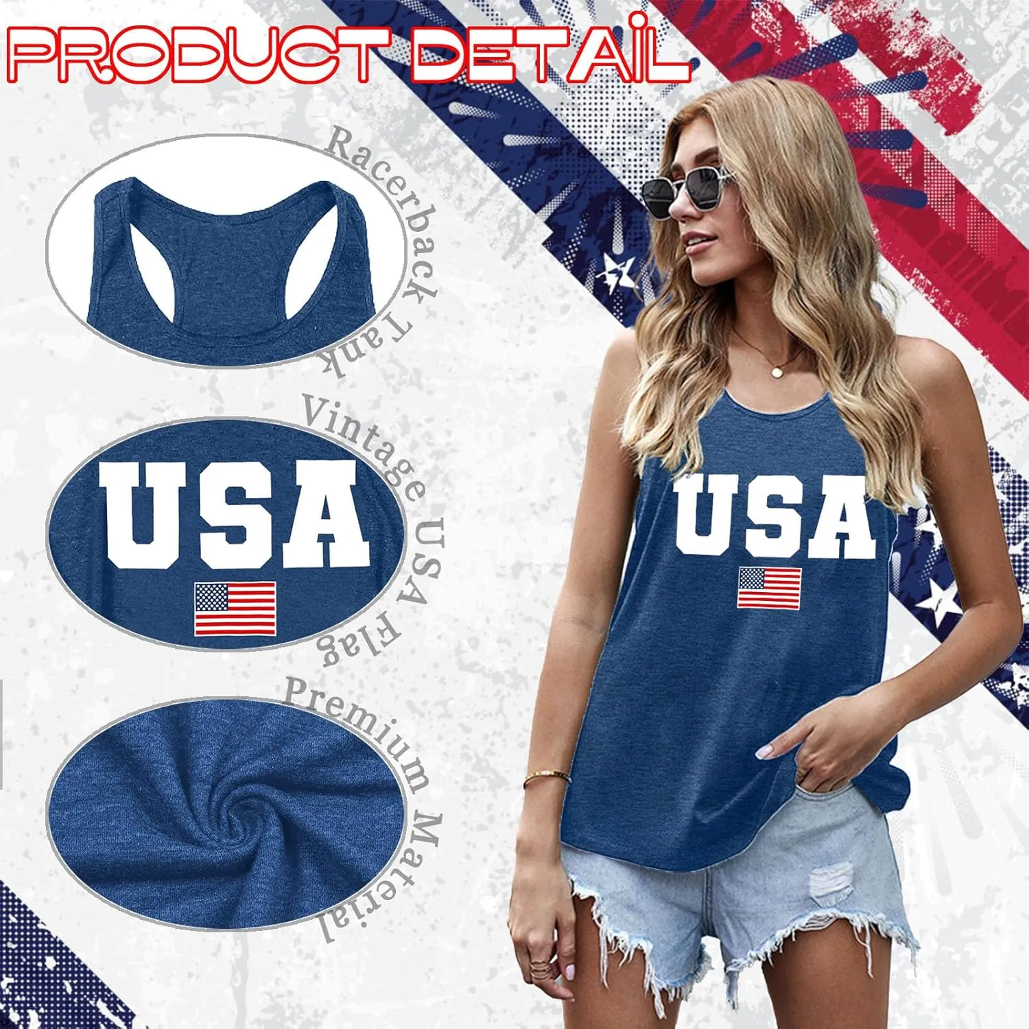 PECHAR Patriotic Shirts 4th of July Sleeveless Tank Tops Women American Flag T Shirt USA Graphic Tees Racerback Vest