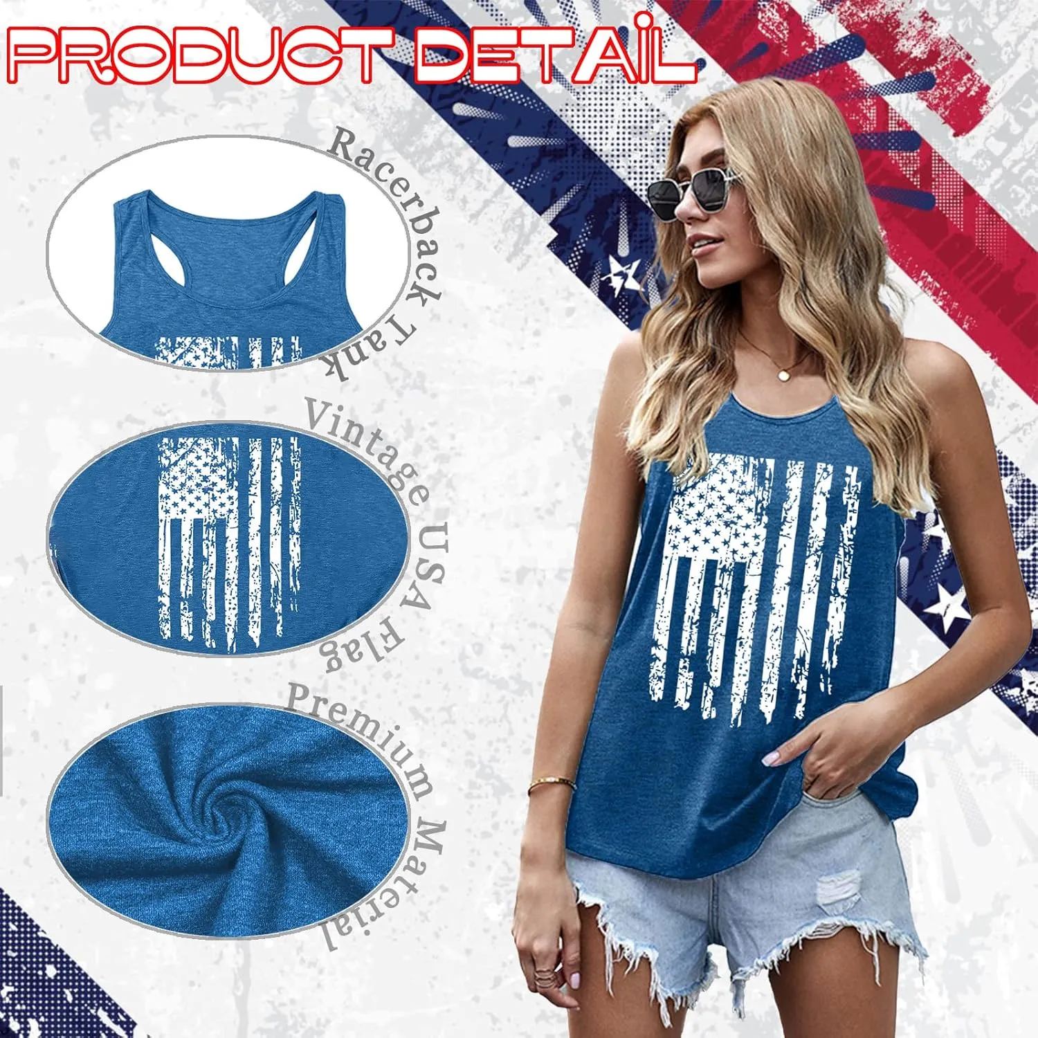 PECHAR Patriotic Shirts 4th of July Sleeveless Tank Tops Women American Flag T Shirt USA Graphic Tees Racerback Vest