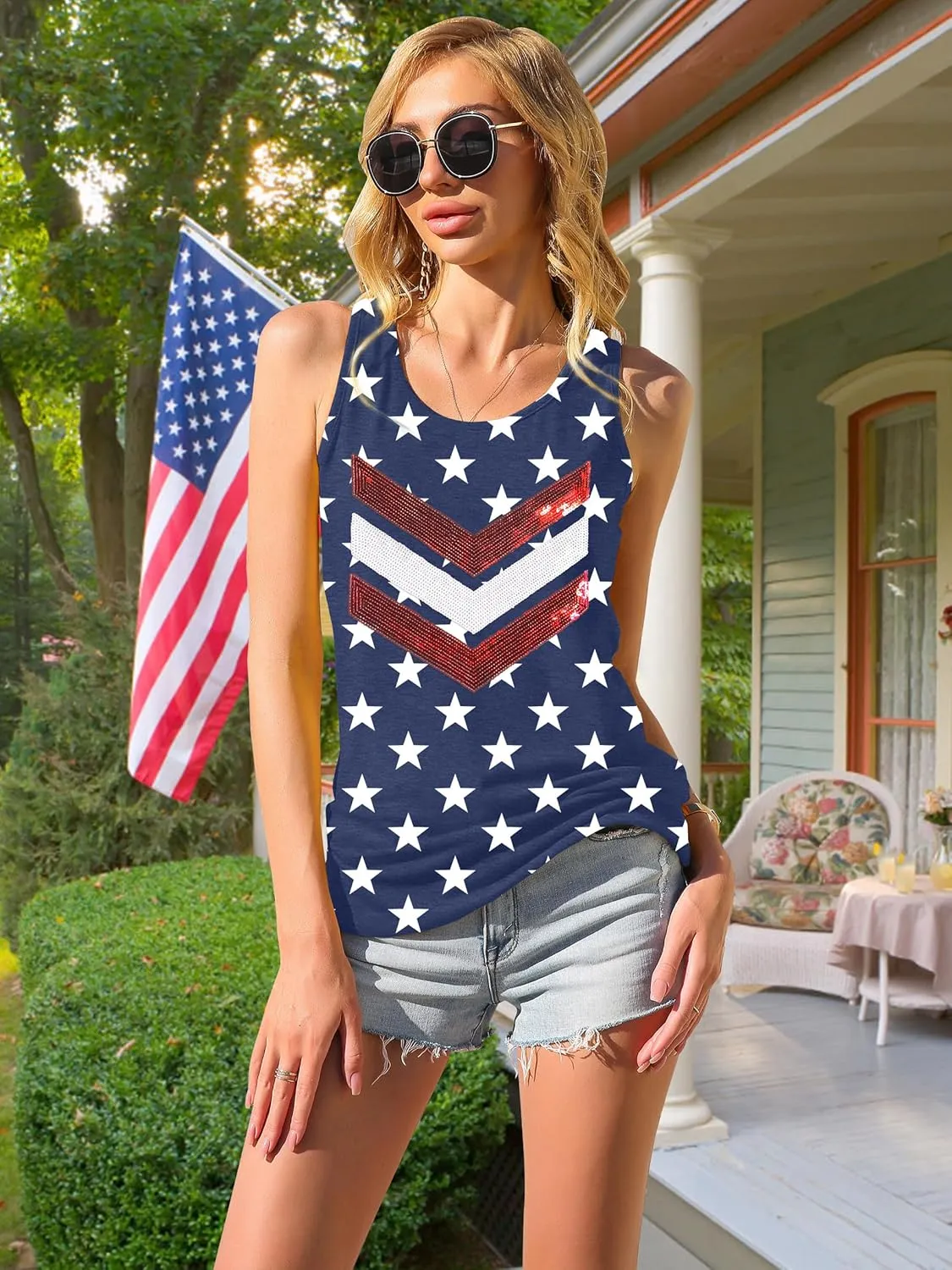 PECHAR Patriotic Shirts 4th of July Sleeveless Tank Tops Women American Flag T Shirt USA Graphic Tees Racerback Vest