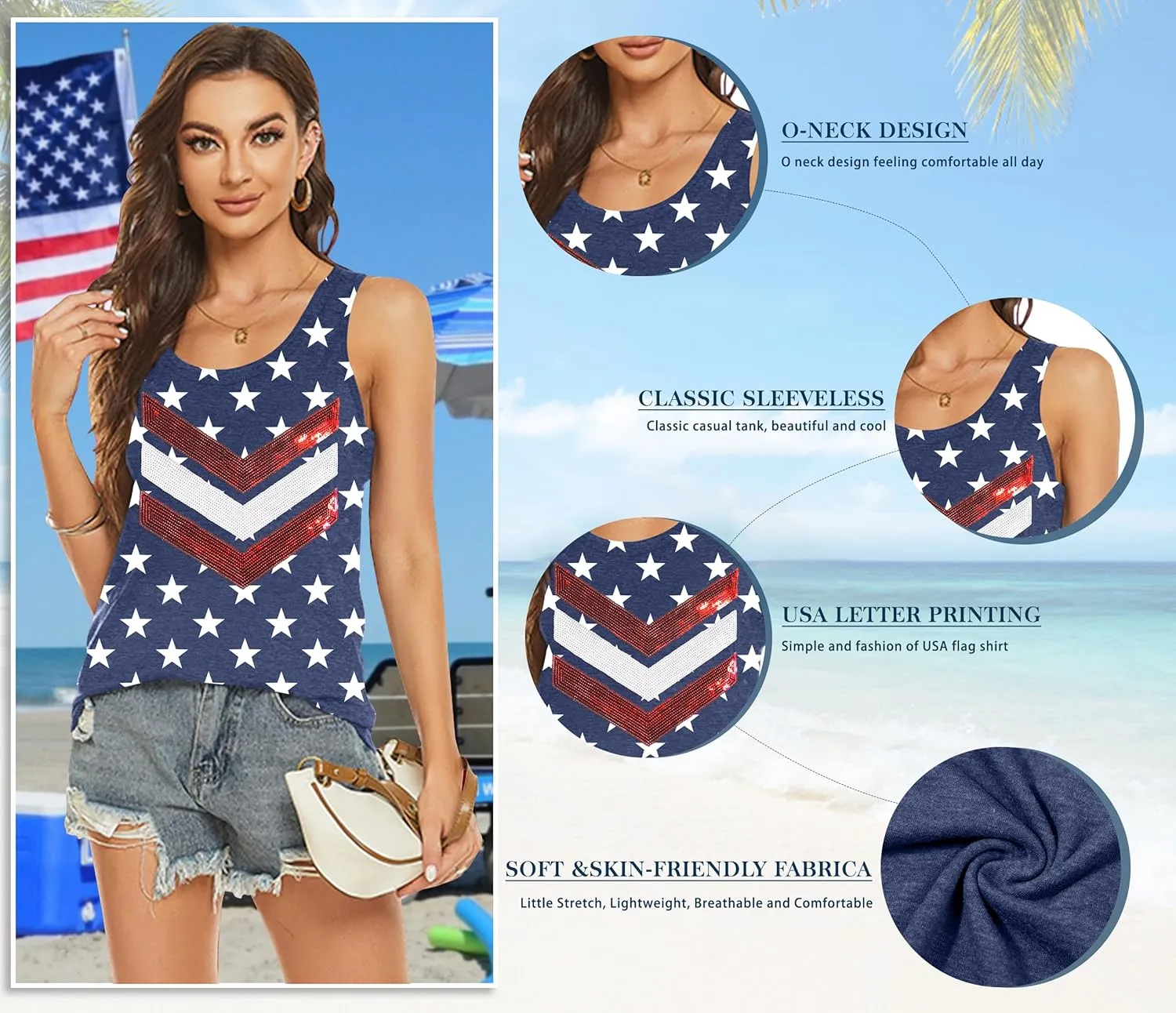 PECHAR Patriotic Shirts 4th of July Sleeveless Tank Tops Women American Flag T Shirt USA Graphic Tees Racerback Vest