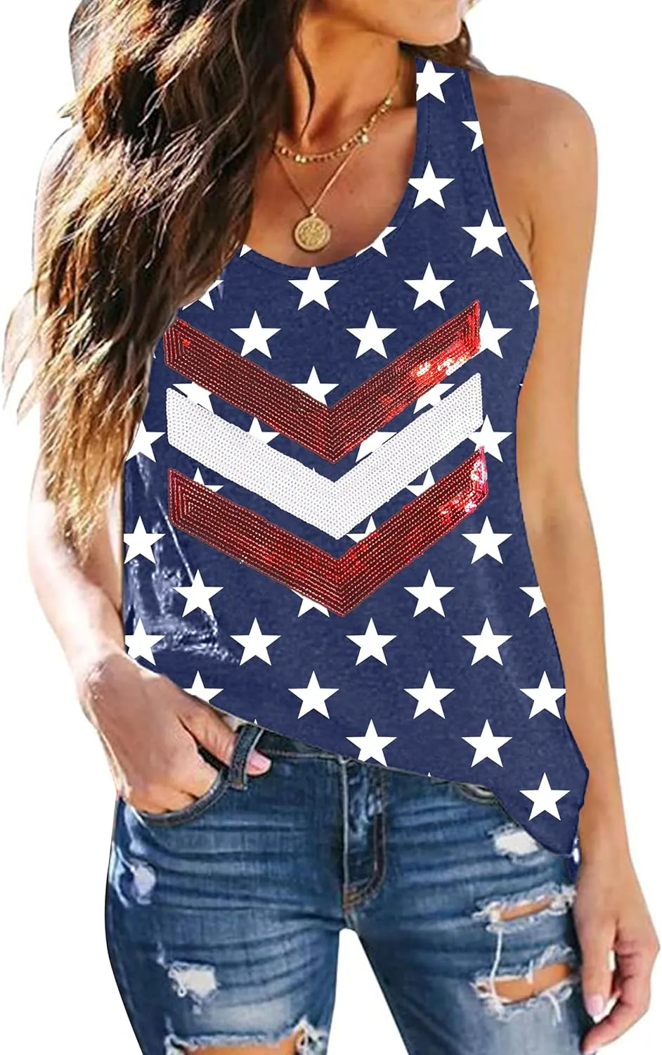 PECHAR Patriotic Shirts 4th of July Sleeveless Tank Tops Women American Flag T Shirt USA Graphic Tees Racerback Vest