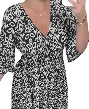 Plus Size Summer V Neck Floral Dress for Women, Loose Casual Print V-Neck Long Dress, Bohemian Wrap V Neck 3/4 Sleeve