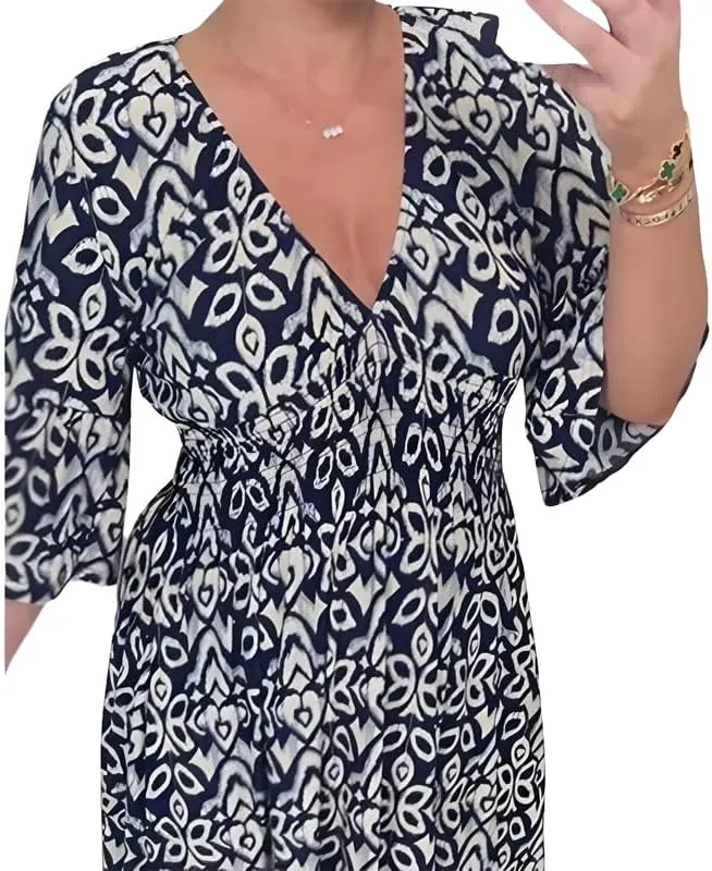 Plus Size Summer V Neck Floral Dress for Women, Loose Casual Print V-Neck Long Dress, Bohemian Wrap V Neck 3/4 Sleeve