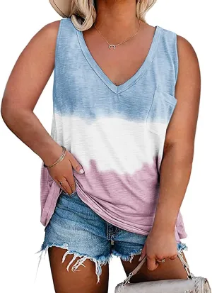 Plus Size Tank Tops for Women Summer Sexy V Neck Sleeveless T-Shirts Tops Casual Loose Tie Dye Tees Shirts with Pocket