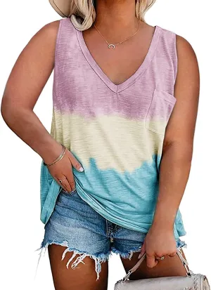Plus Size Tank Tops for Women Summer Sexy V Neck Sleeveless T-Shirts Tops Casual Loose Tie Dye Tees Shirts with Pocket