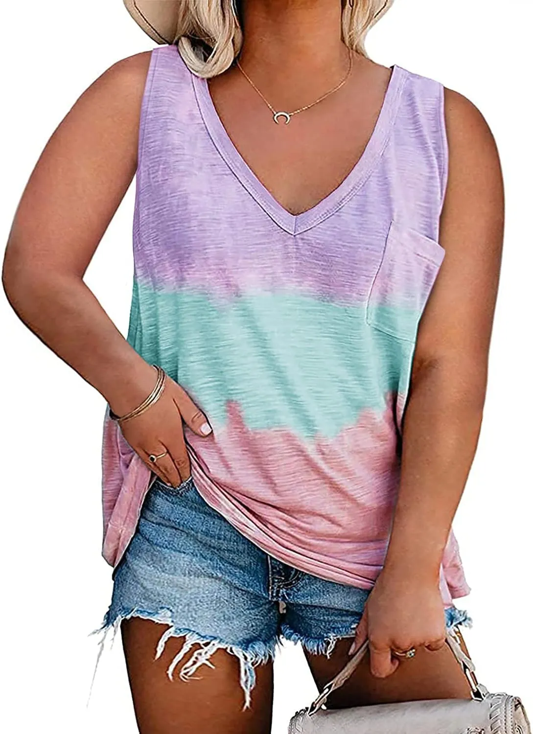 Plus Size Tank Tops for Women Summer Sexy V Neck Sleeveless T-Shirts Tops Casual Loose Tie Dye Tees Shirts with Pocket