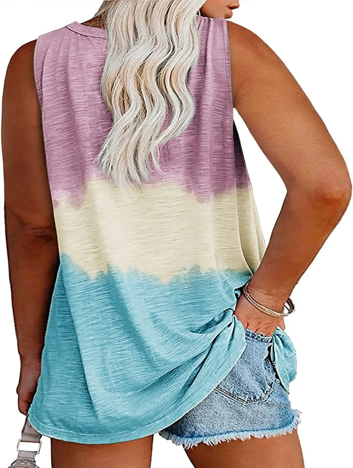 Plus Size Tank Tops for Women Summer Sexy V Neck Sleeveless T-Shirts Tops Casual Loose Tie Dye Tees Shirts with Pocket