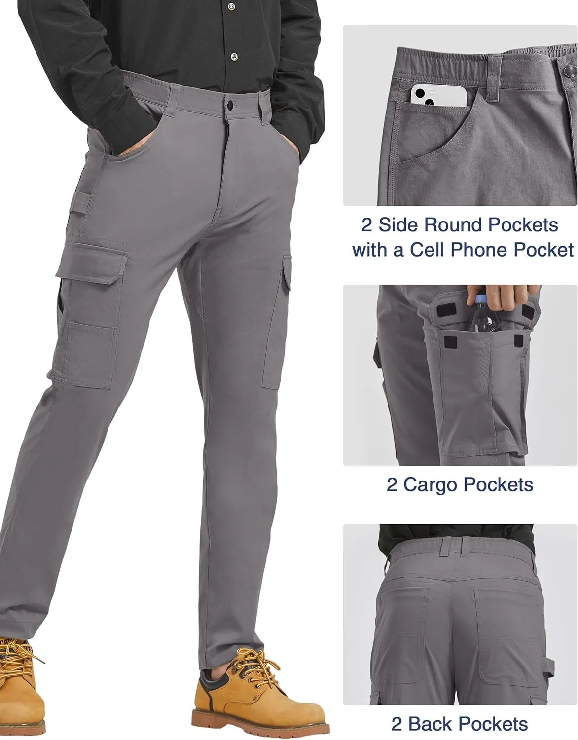 PULI Men's Carpenter Work Pants Cargo Hiking Pants Slim Fit Stretch Waterproof Outdoor Trousers with Pockets