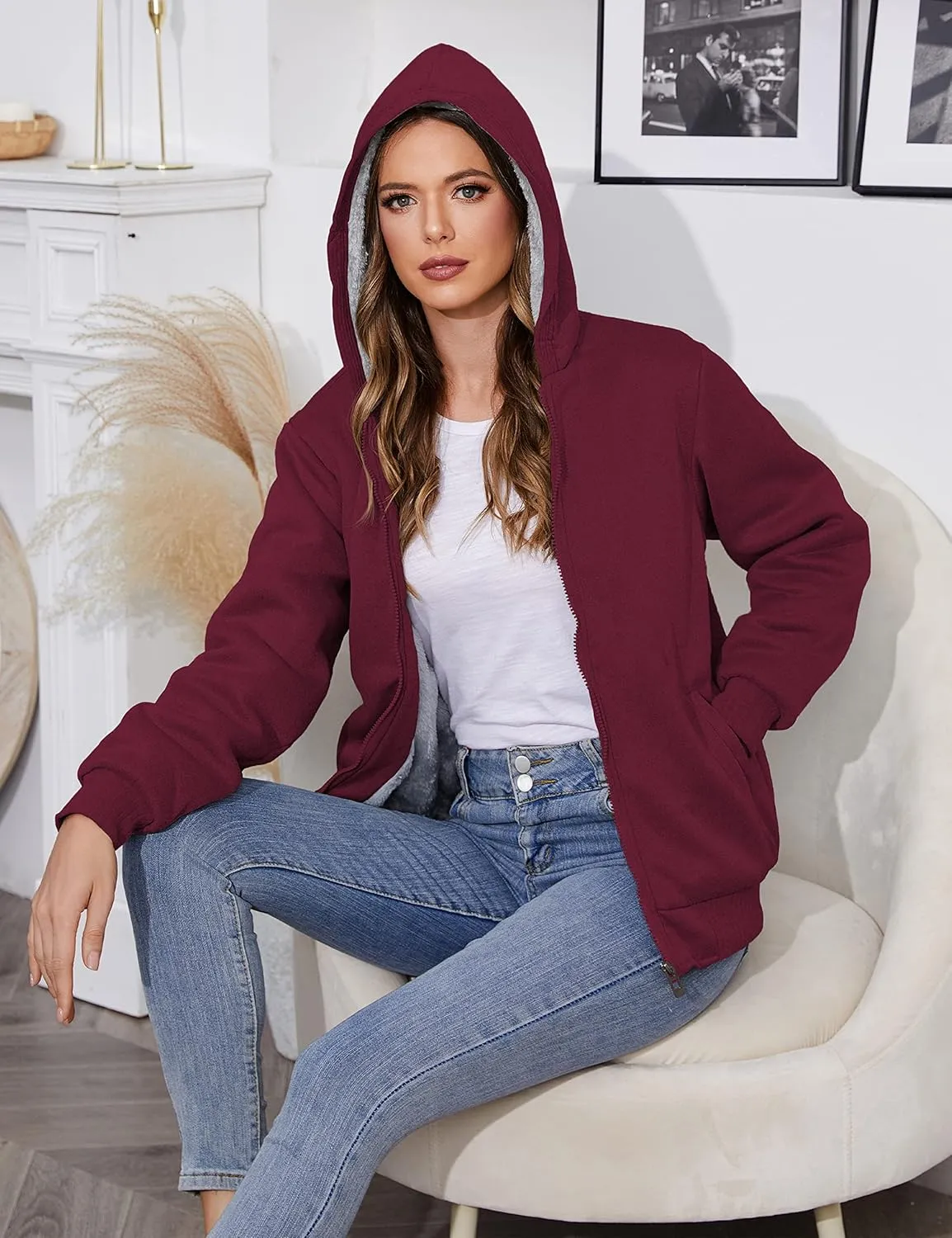 PUWEI Women's Winter Warm Fleece Jackets Thick Sherpa Lined Zip up Hoodies Heavyweight Sweatshirt Coat
