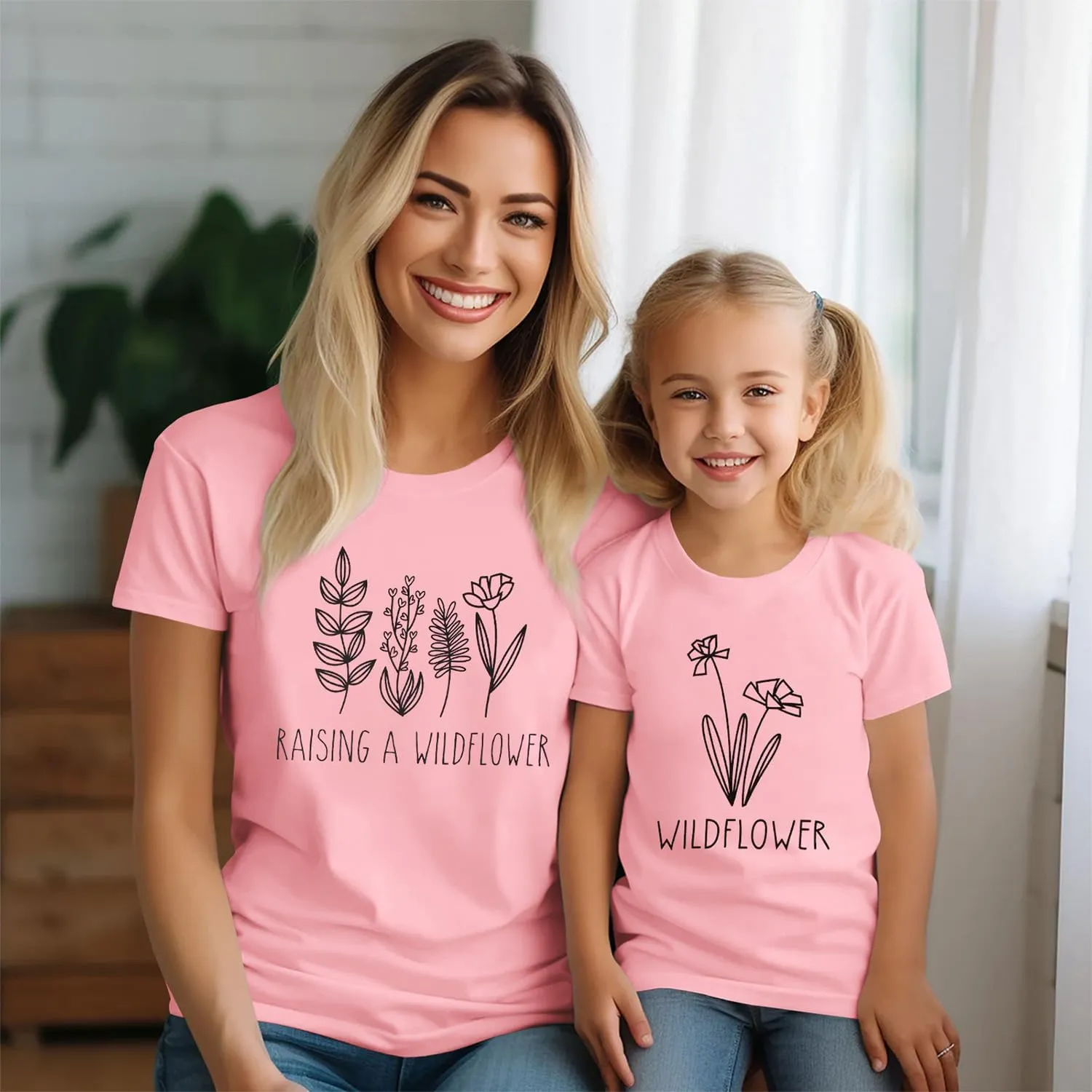 Raising A Wildflower Mommy and Me Shirts Cute Floral Graphic T-Shirt Mom and Daughter Outfits Summer Short Sleeve Tees