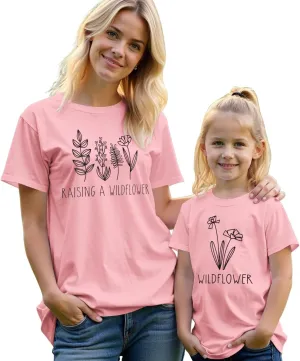 Raising A Wildflower Mommy and Me Shirts Cute Floral Graphic T-Shirt Mom and Daughter Outfits Summer Short Sleeve Tees