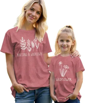 Raising A Wildflower Mommy and Me Shirts Cute Floral Graphic T-Shirt Mom and Daughter Outfits Summer Short Sleeve Tees
