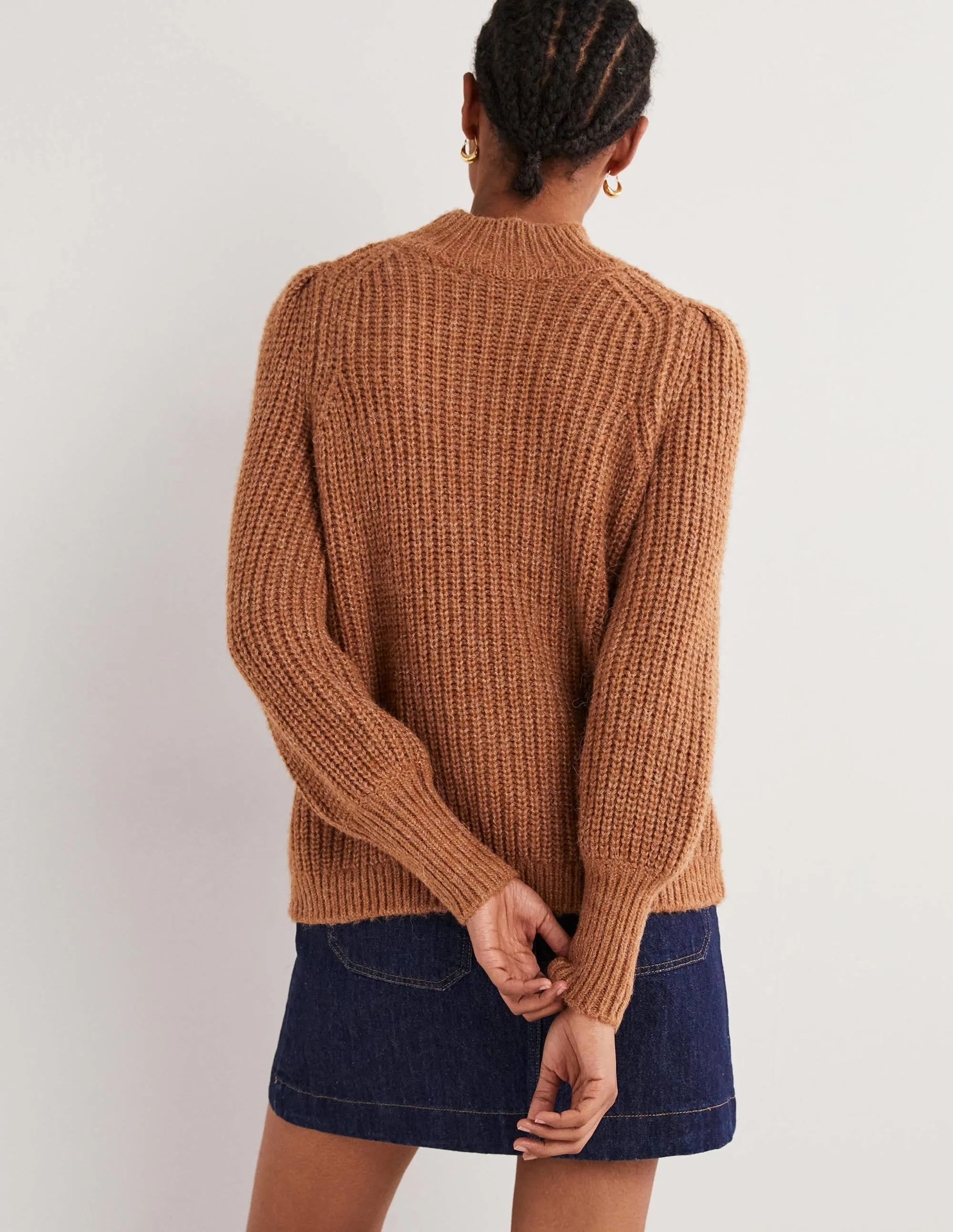 Ribbed Fluffy High Neck Jumper-Butterscotch Brown Melange