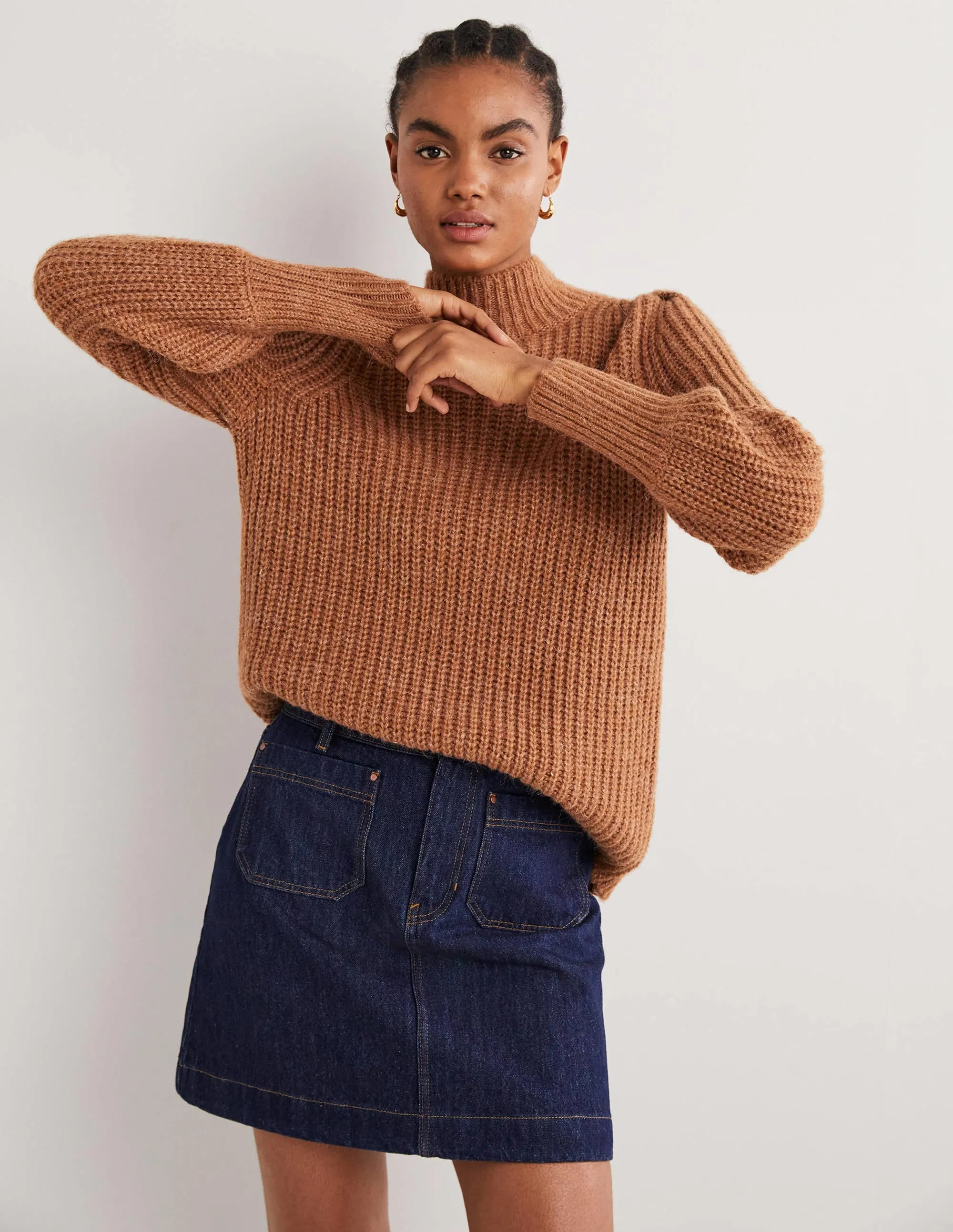 Ribbed Fluffy High Neck Jumper-Butterscotch Brown Melange