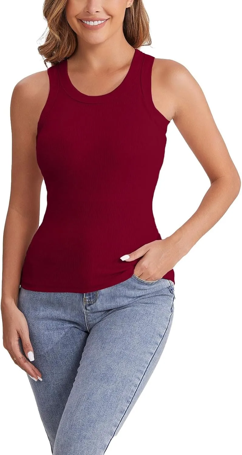 Ribbed Knit Tank Tops with Built in Bra for Women Casual Crew Neck Sleeveless Shirts Basic Workout Camisole Tees 2025