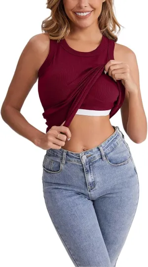 Ribbed Knit Tank Tops with Built in Bra for Women Casual Crew Neck Sleeveless Shirts Basic Workout Camisole Tees 2025