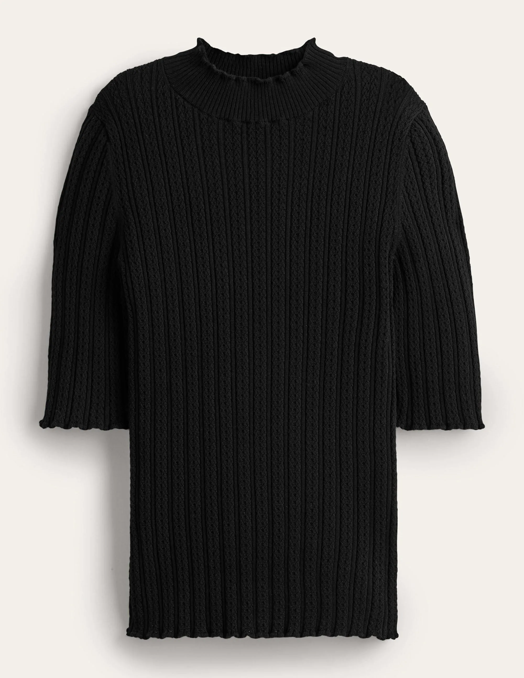 Ribbed Pointelle High Neck Top-Black