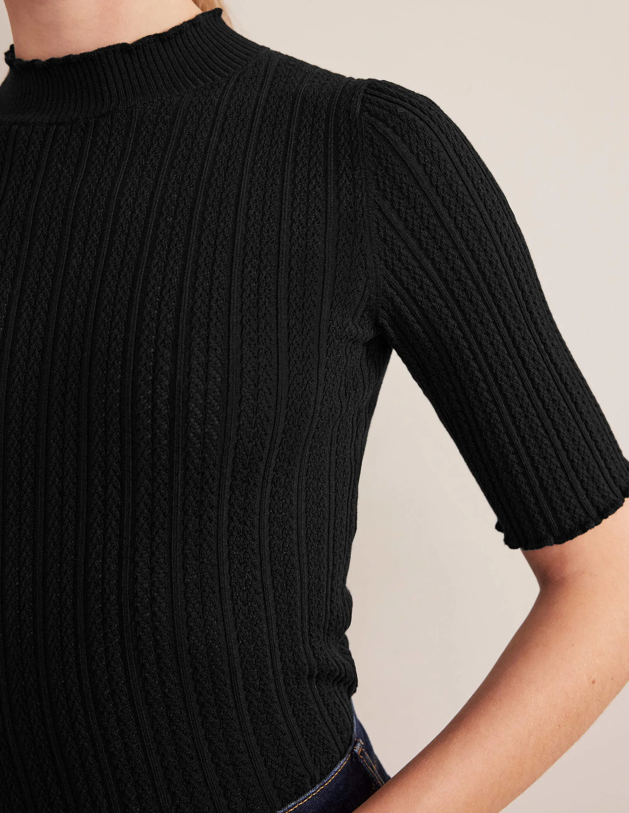 Ribbed Pointelle High Neck Top-Black