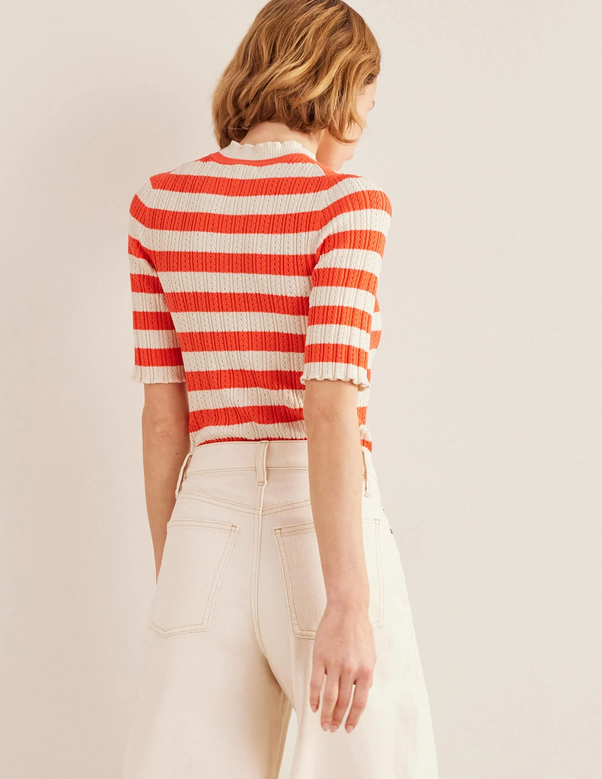 Ribbed Pointelle High Neck Top-Bright Watermelon Stripe