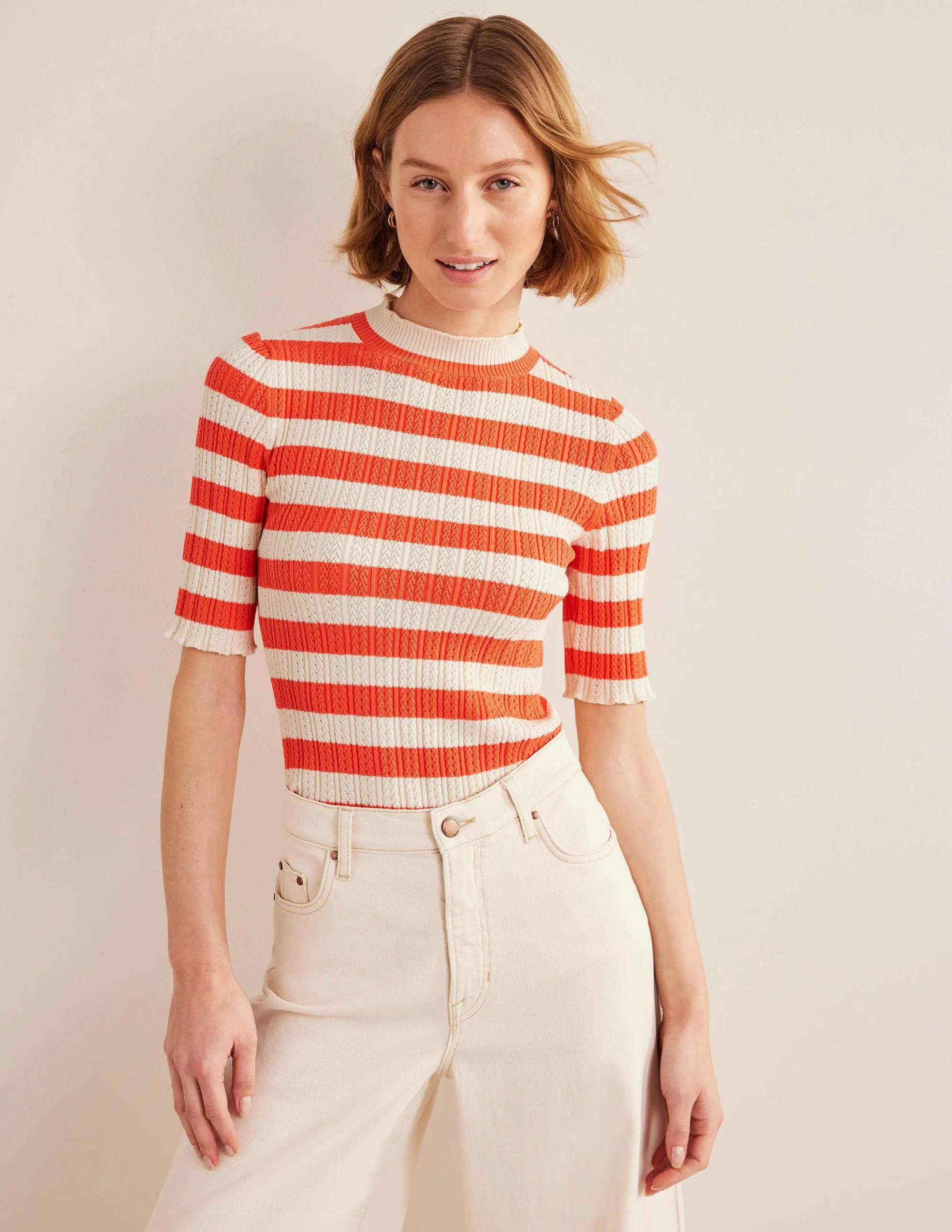 Ribbed Pointelle High Neck Top-Bright Watermelon Stripe