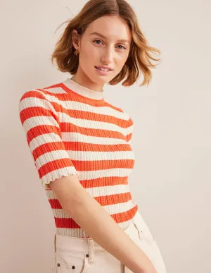 Ribbed Pointelle High Neck Top-Bright Watermelon Stripe