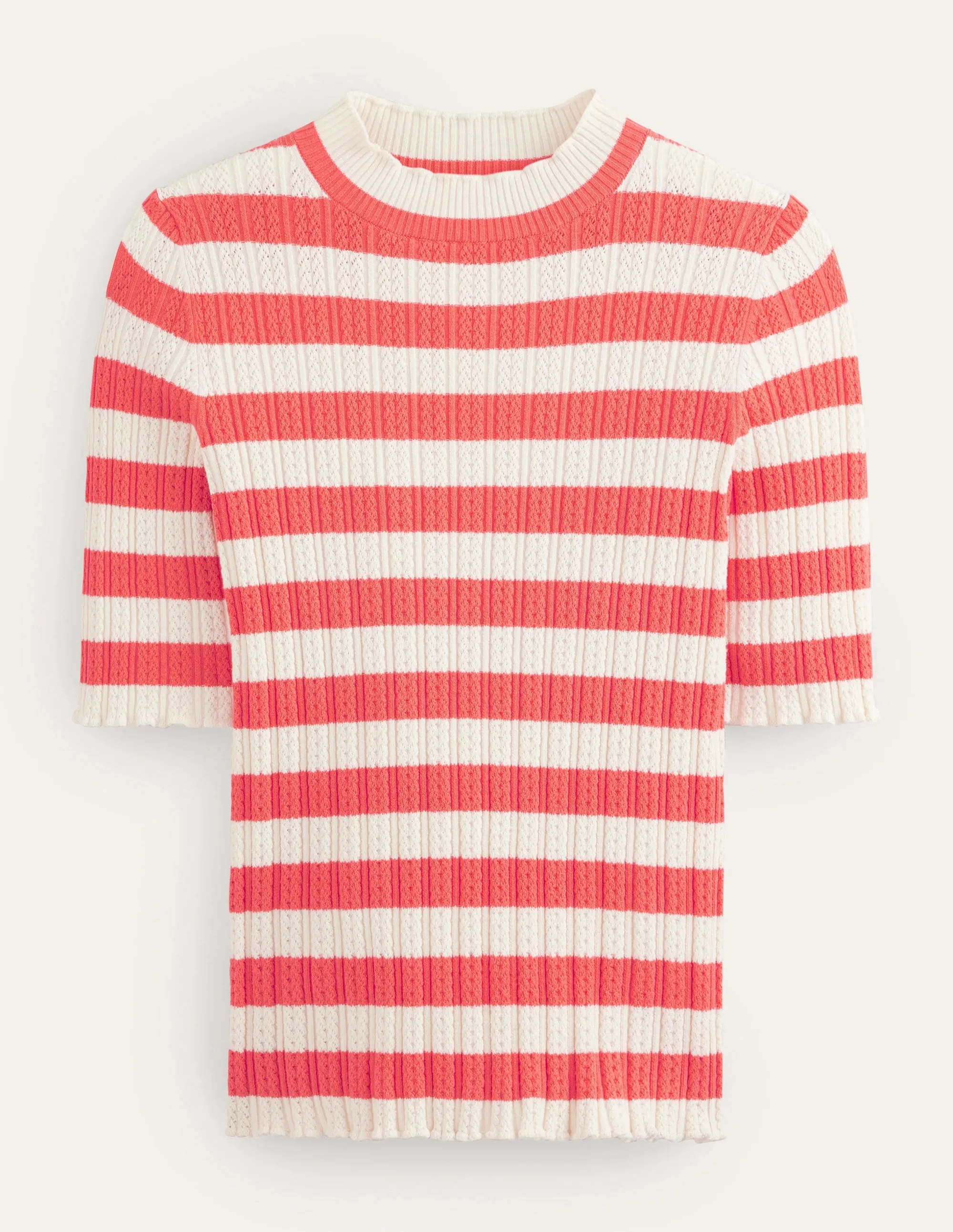 Ribbed Pointelle High Neck Top-Bright Watermelon Stripe