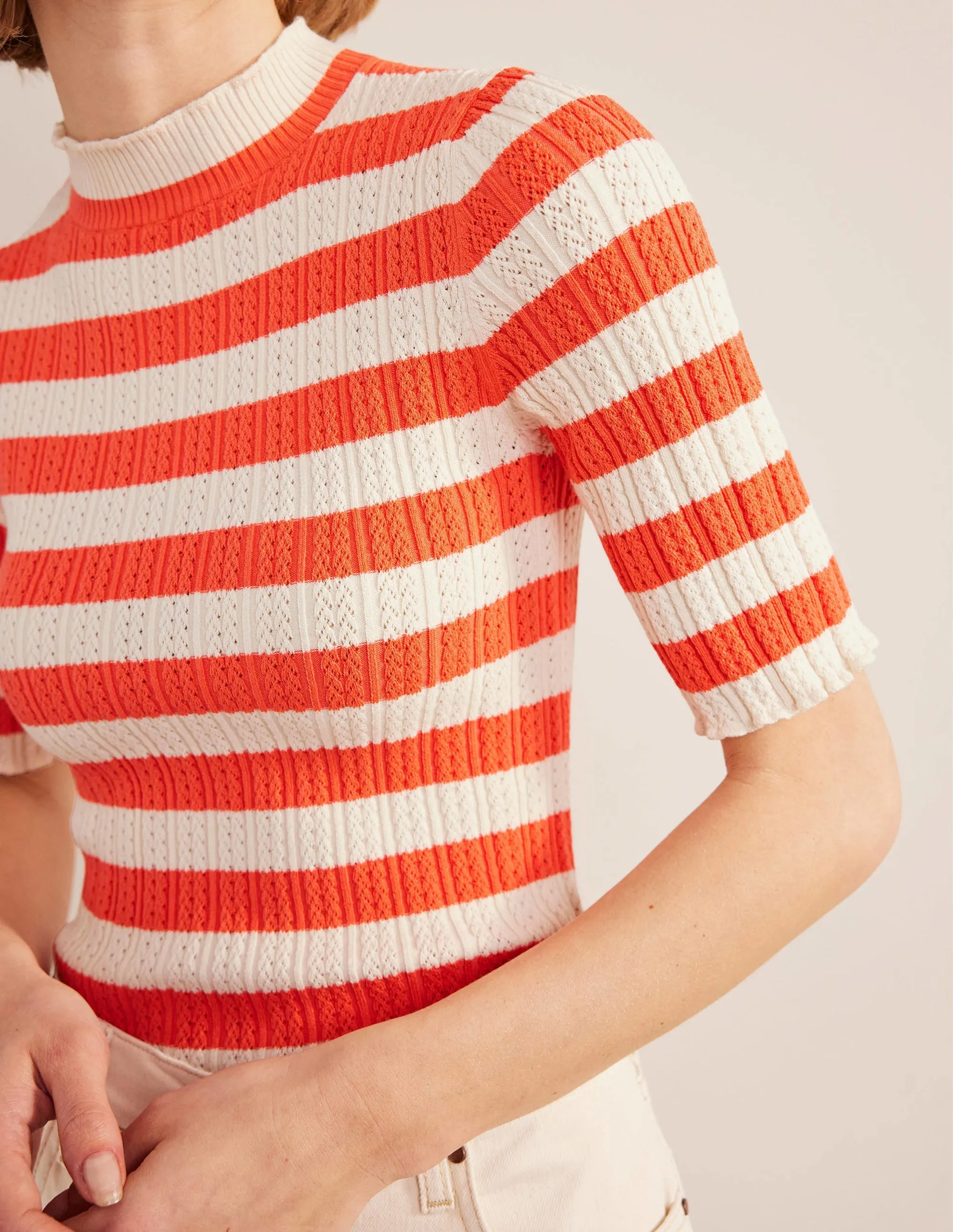Ribbed Pointelle High Neck Top-Bright Watermelon Stripe