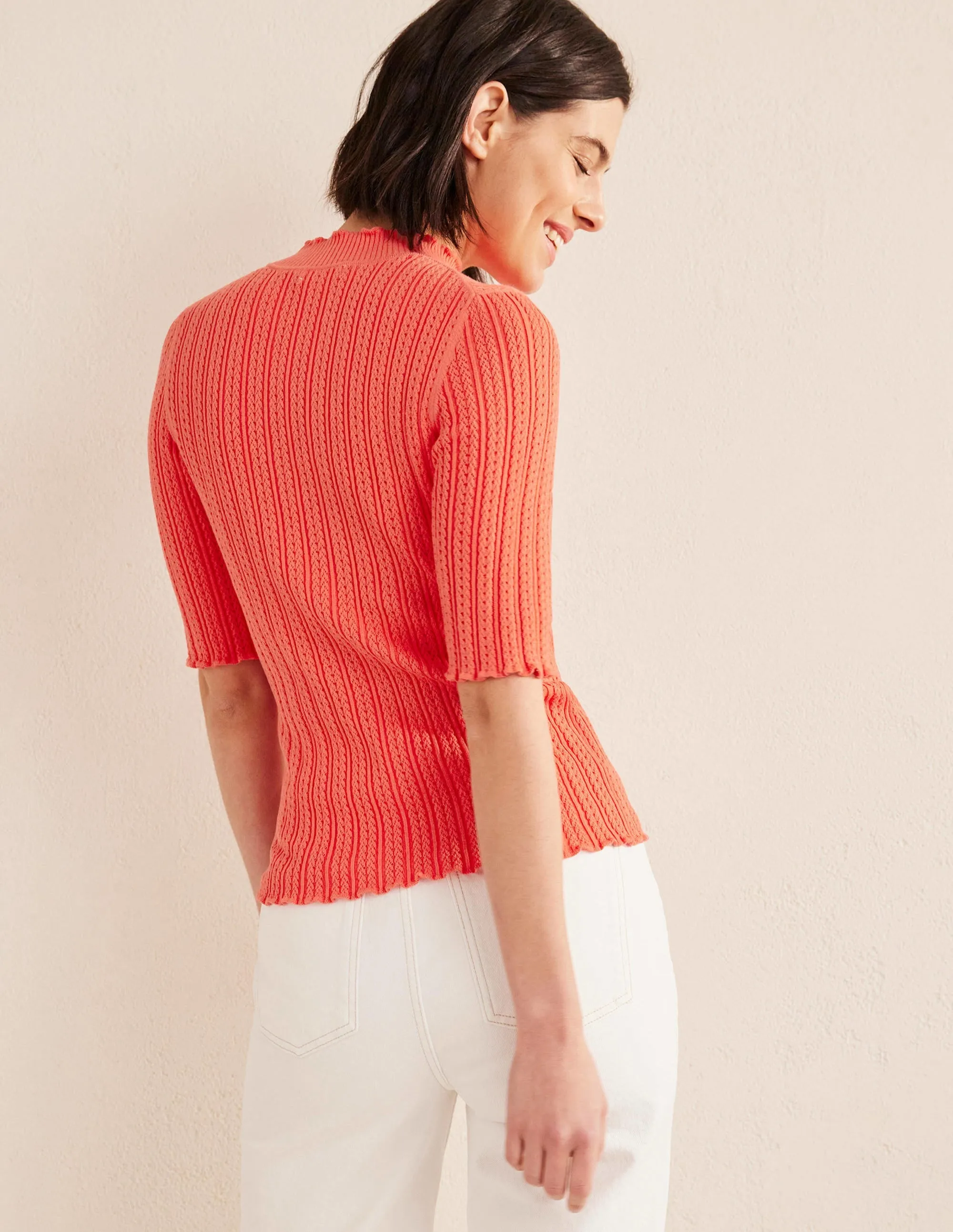 Ribbed Pointelle High Neck Top-Coral