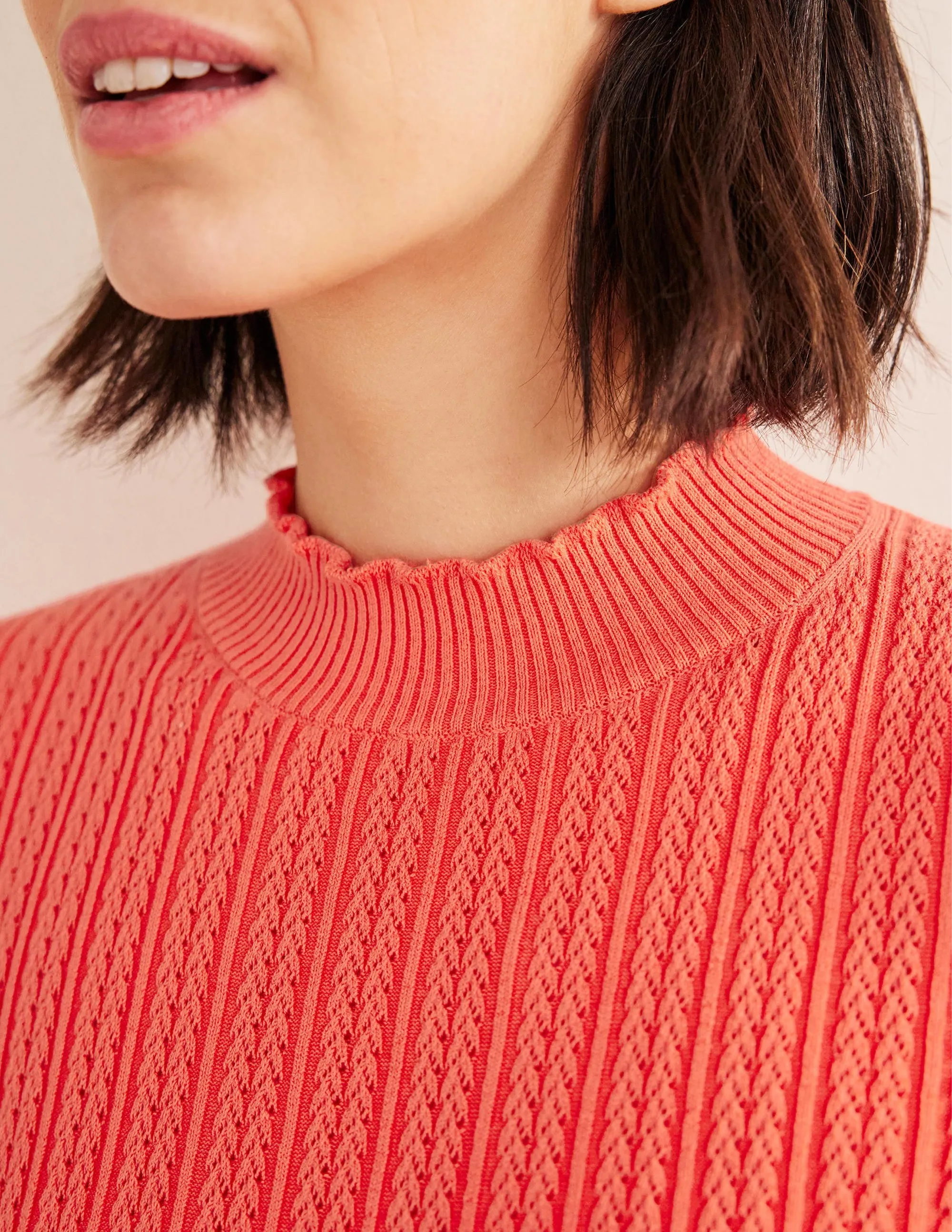 Ribbed Pointelle High Neck Top-Coral