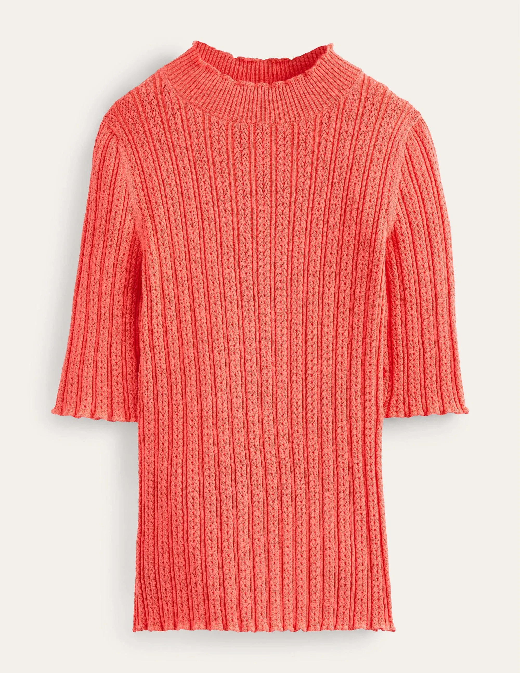 Ribbed Pointelle High Neck Top-Coral
