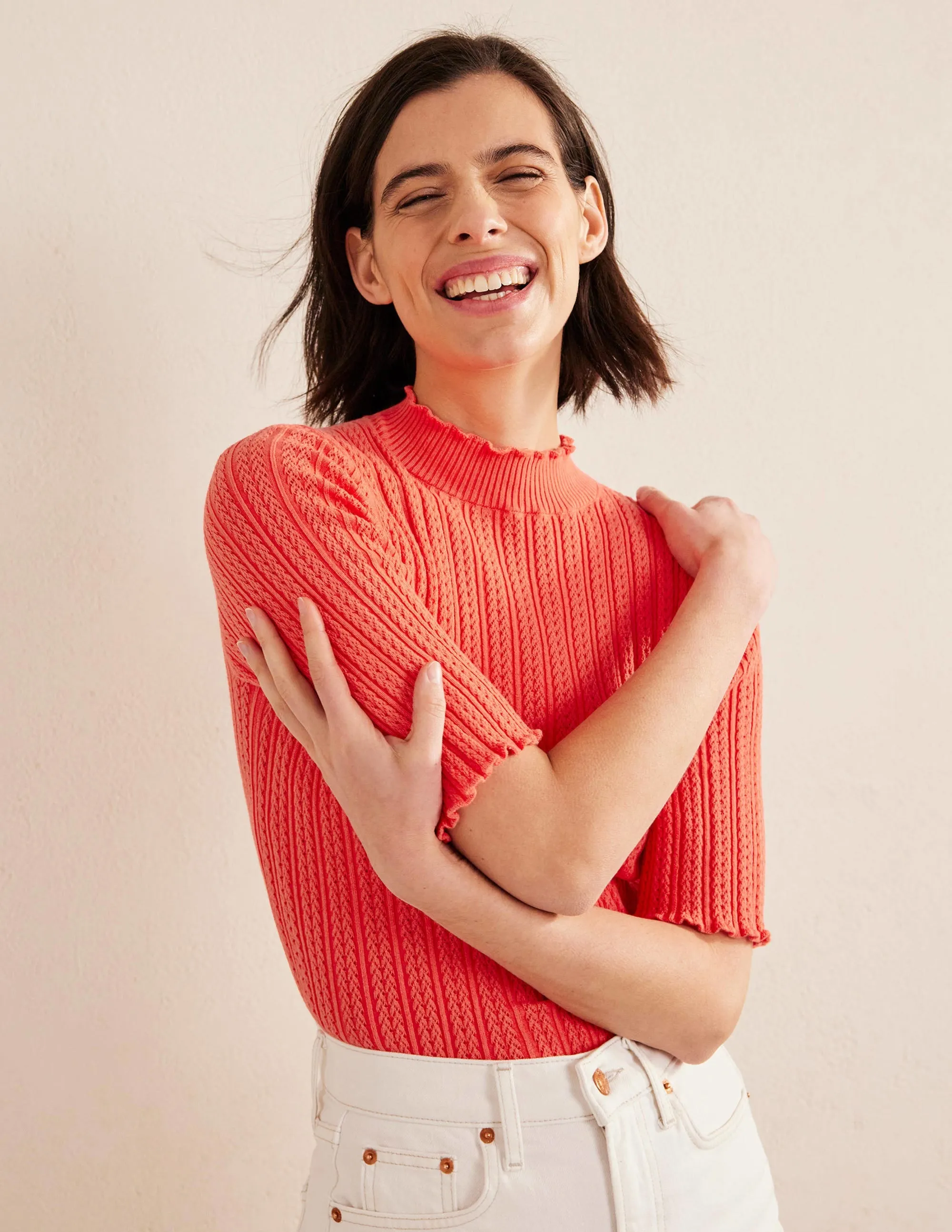 Ribbed Pointelle High Neck Top-Coral