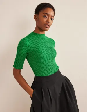 Ribbed Pointelle High Neck Top-Green Bee