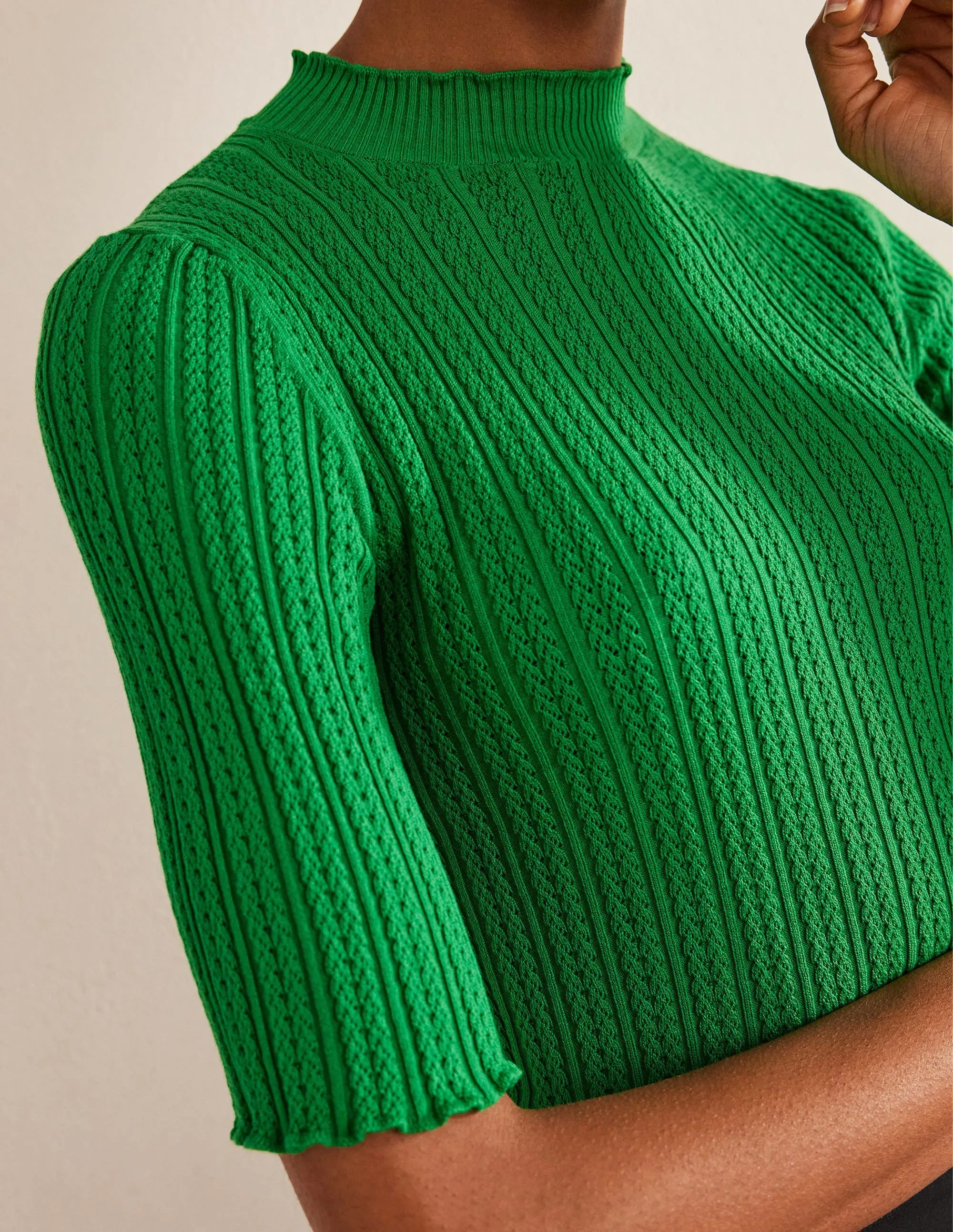 Ribbed Pointelle High Neck Top-Green Bee