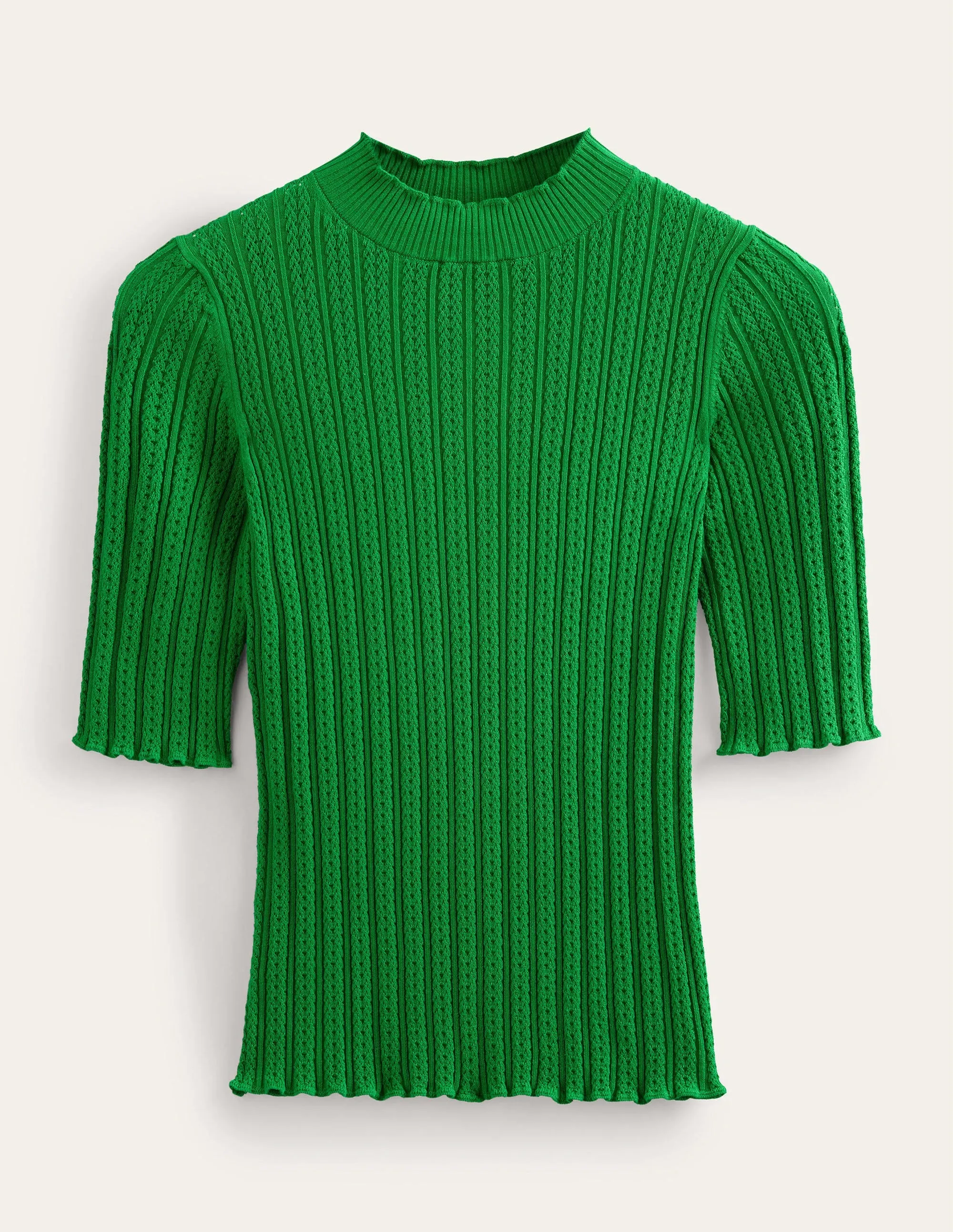 Ribbed Pointelle High Neck Top-Green Bee