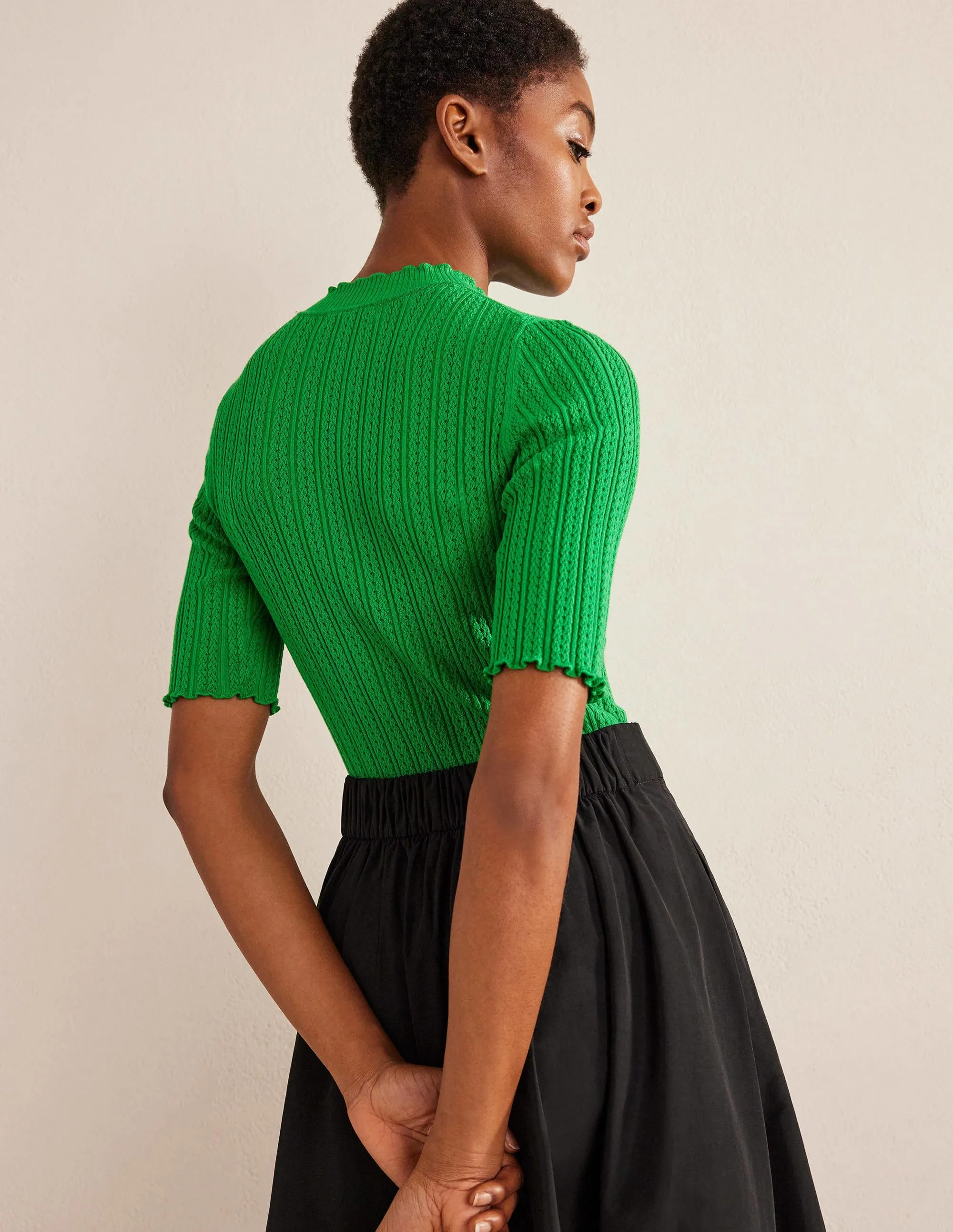 Ribbed Pointelle High Neck Top-Green Bee