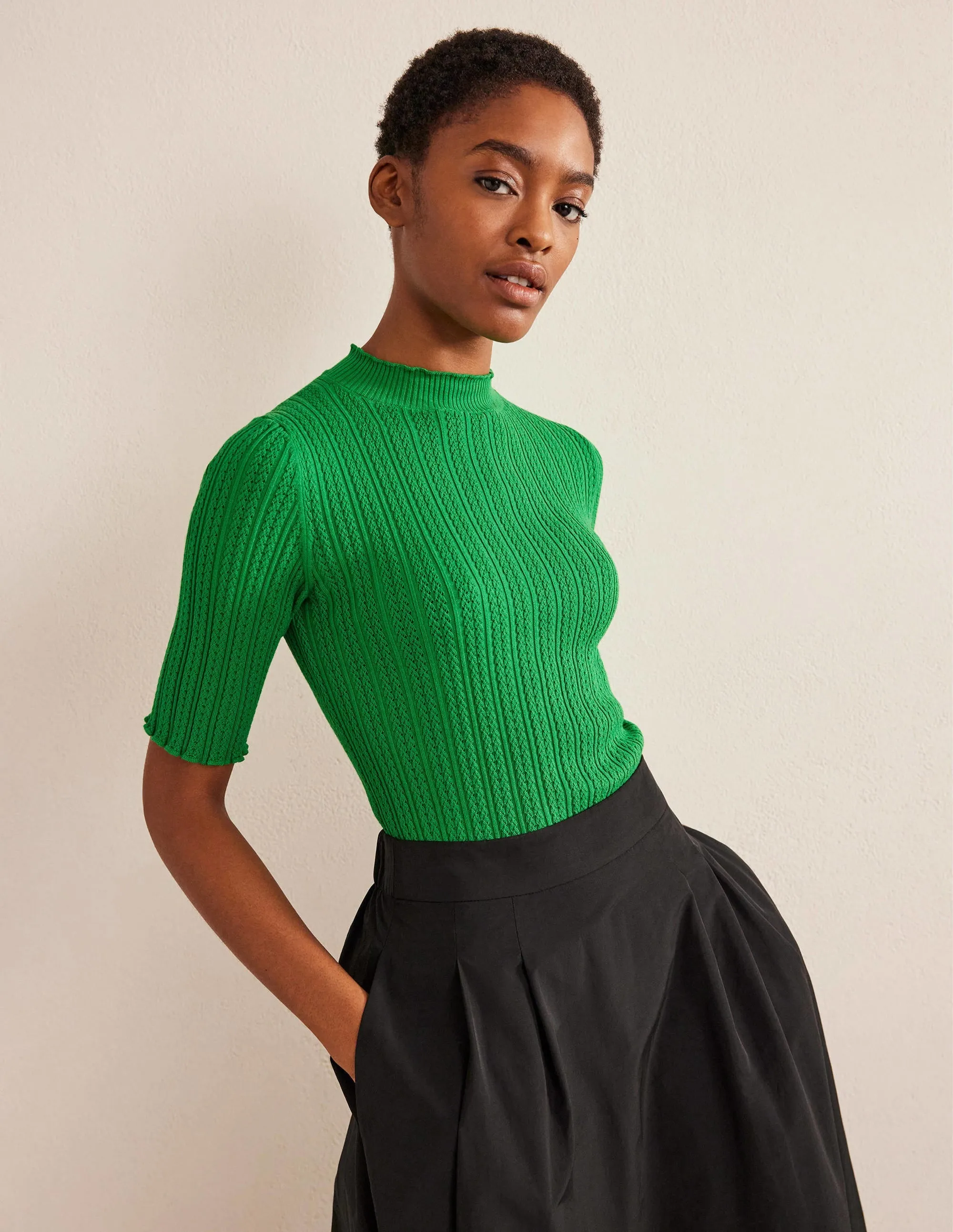 Ribbed Pointelle High Neck Top-Green Bee