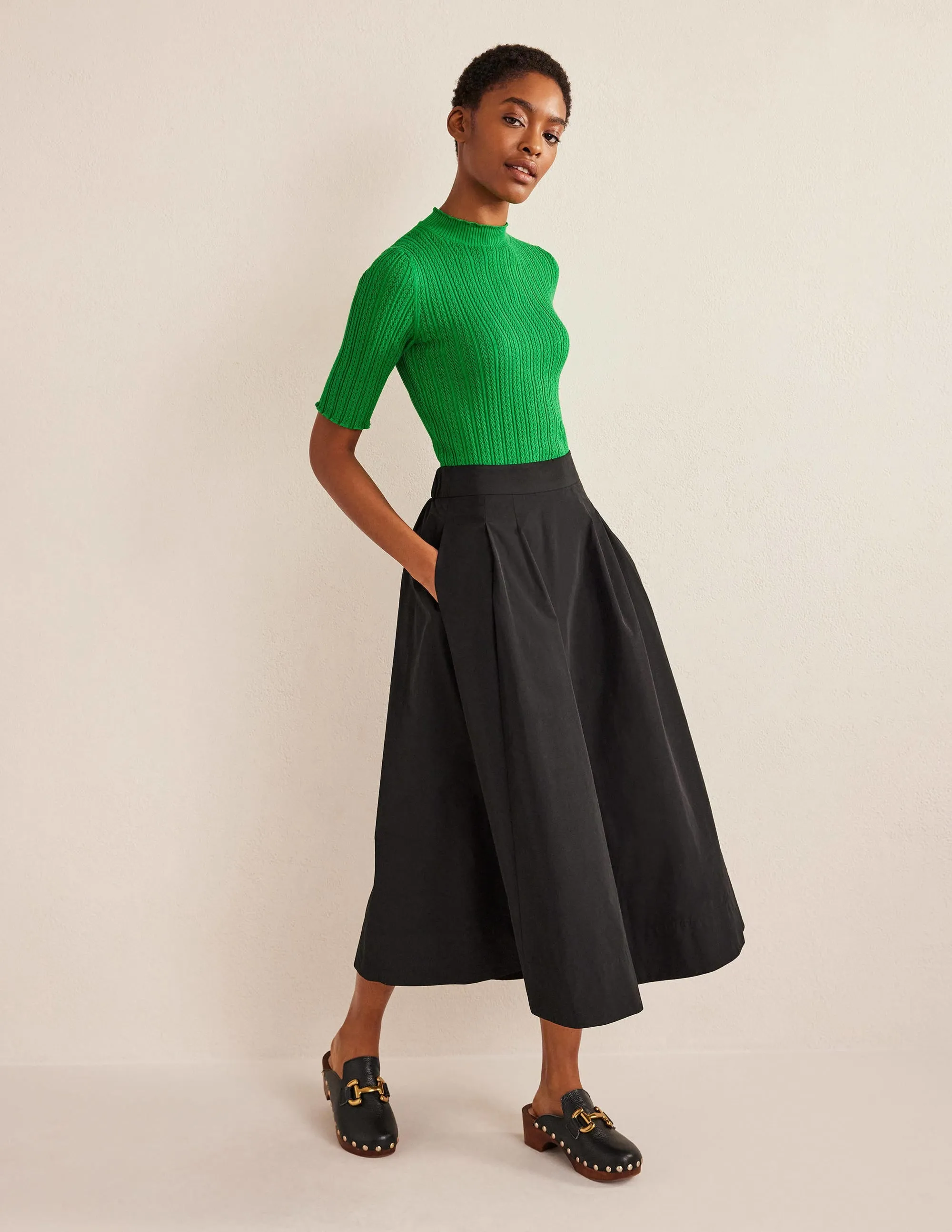 Ribbed Pointelle High Neck Top-Green Bee