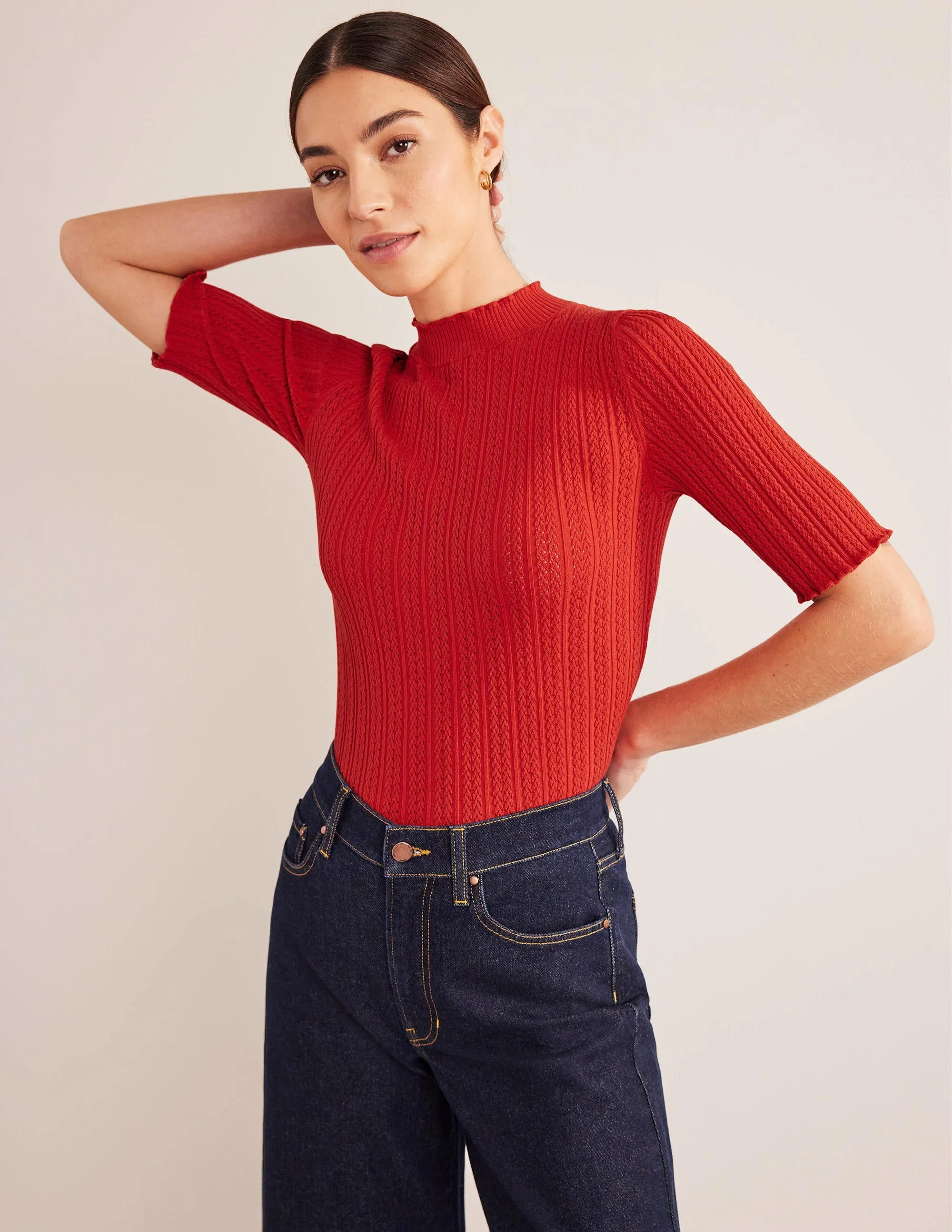 Ribbed Pointelle High Neck Top-Tomato