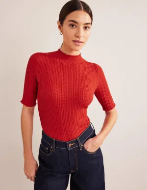 Ribbed Pointelle High Neck Top-Tomato
