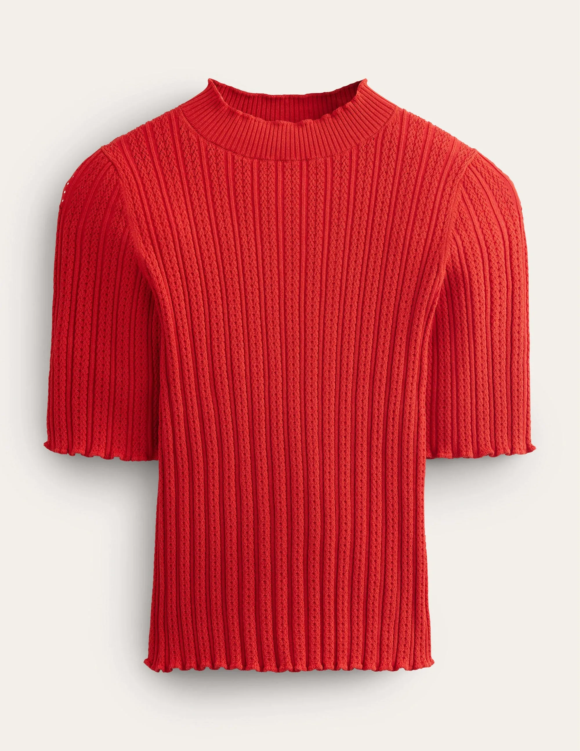 Ribbed Pointelle High Neck Top-Tomato