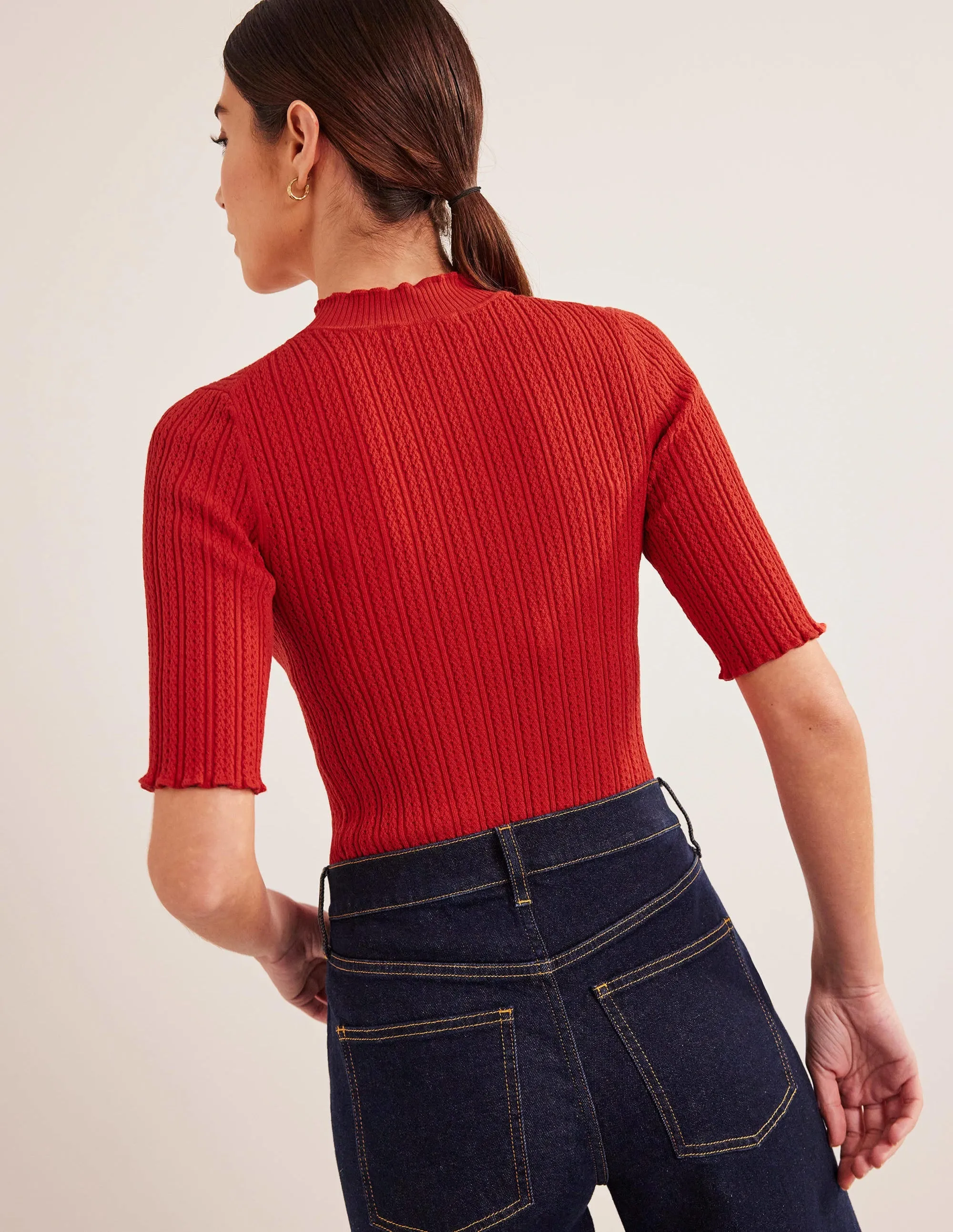 Ribbed Pointelle High Neck Top-Tomato
