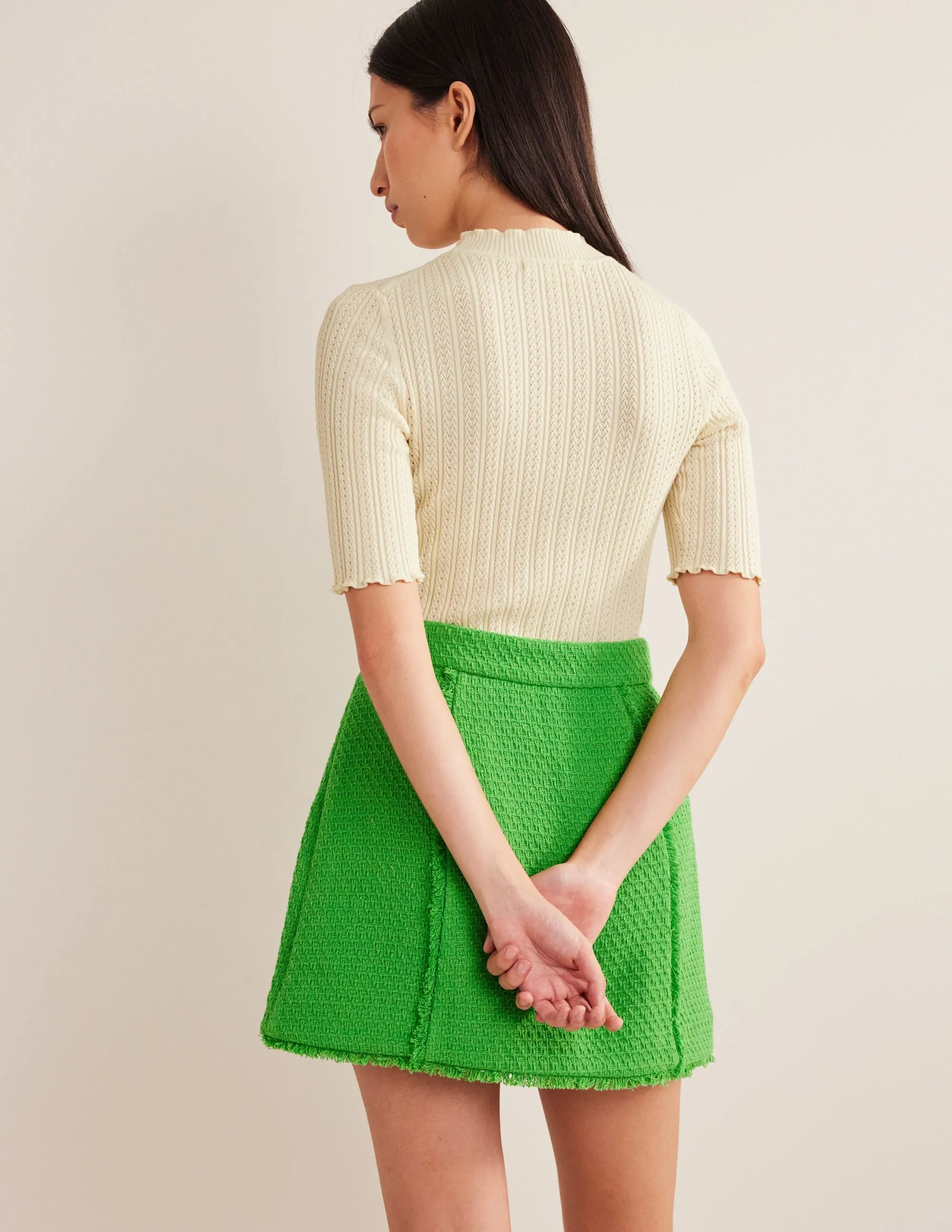 Ribbed Pointelle High Neck Top-Warm Ivory