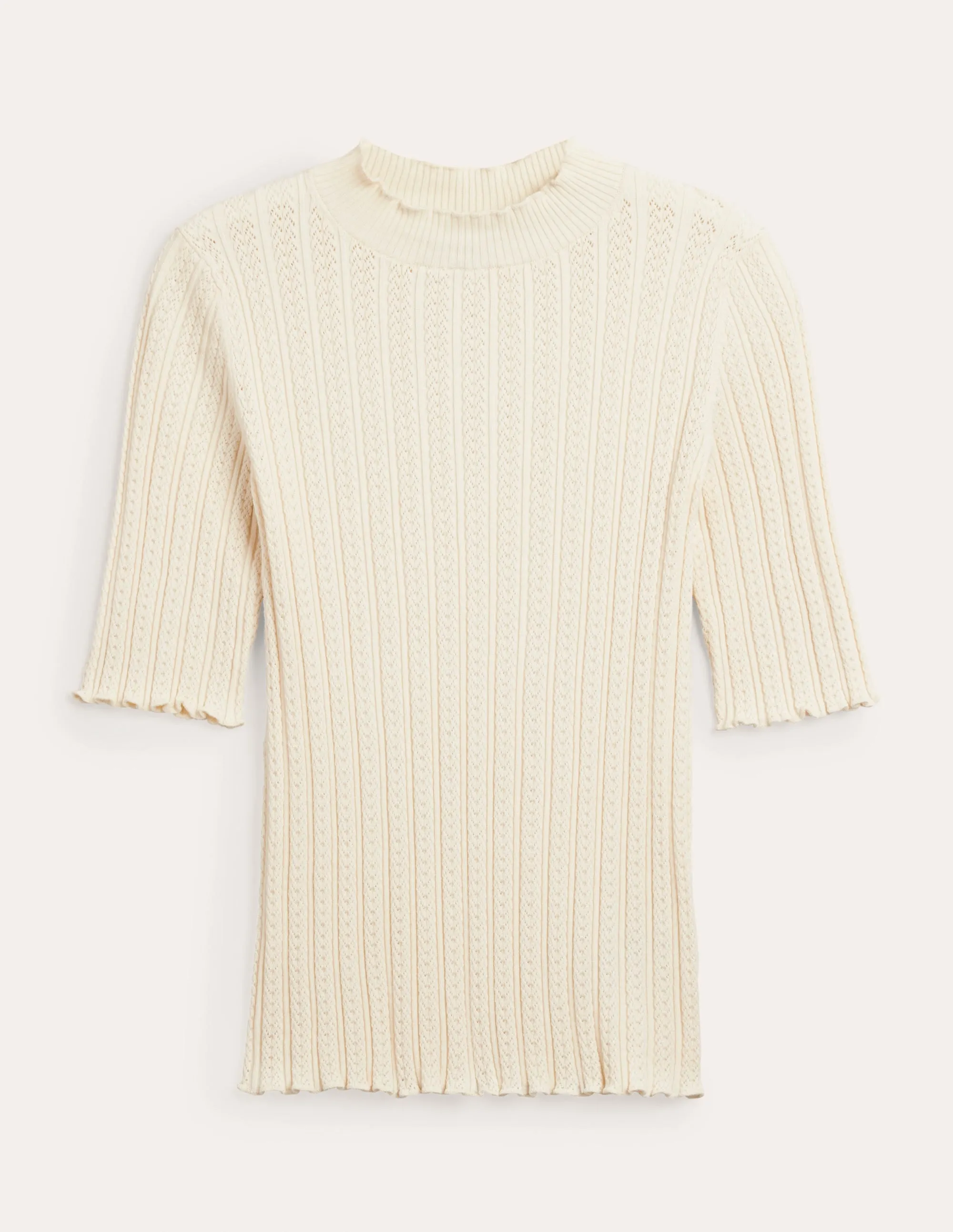 Ribbed Pointelle High Neck Top-Warm Ivory