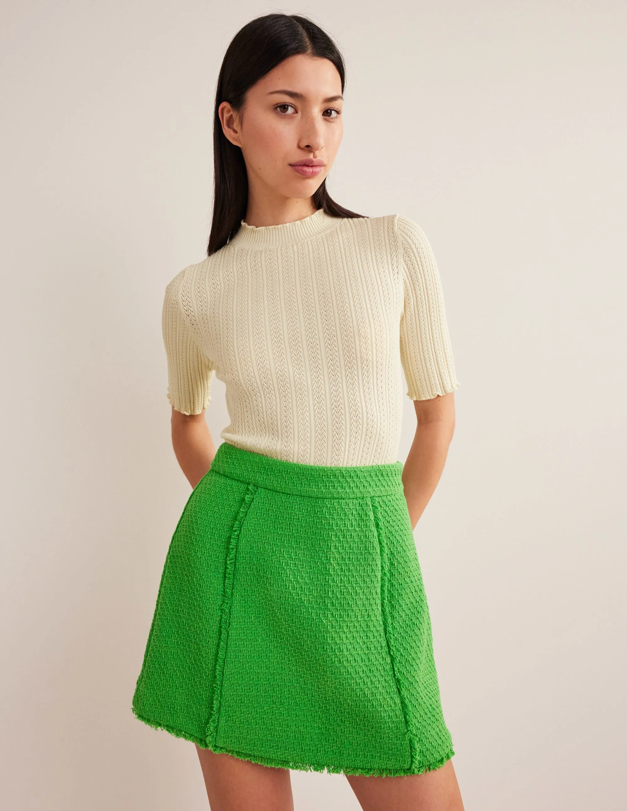 Ribbed Pointelle High Neck Top-Warm Ivory
