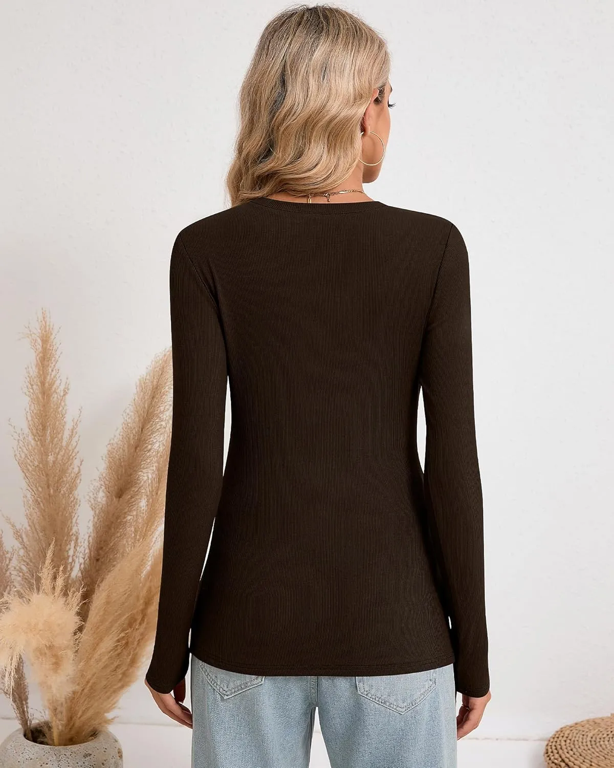 Riyiper 3 Pack Long Sleeve Shirts for Women Ribbed Going Out Tops Crew Neck Basic Undershirts Casual Layer Knit Slim Fit Tees