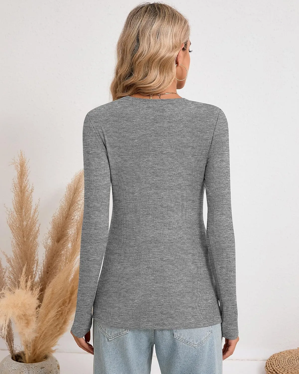 Riyiper 3 Pack Long Sleeve Shirts for Women Ribbed Going Out Tops Crew Neck Basic Undershirts Casual Layer Knit Slim Fit Tees